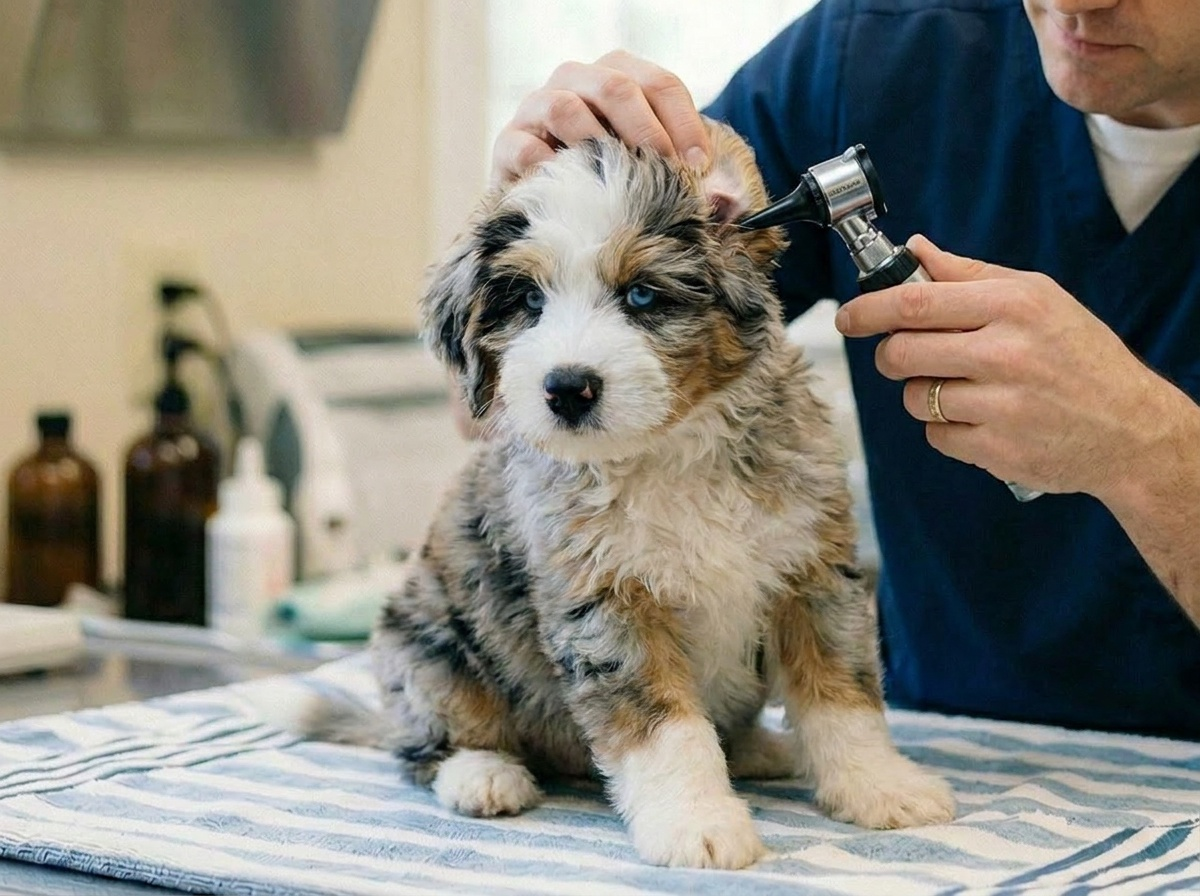 Veterinarian performing a pre-placement nose-to-tail examination on a Premier Pups puppy