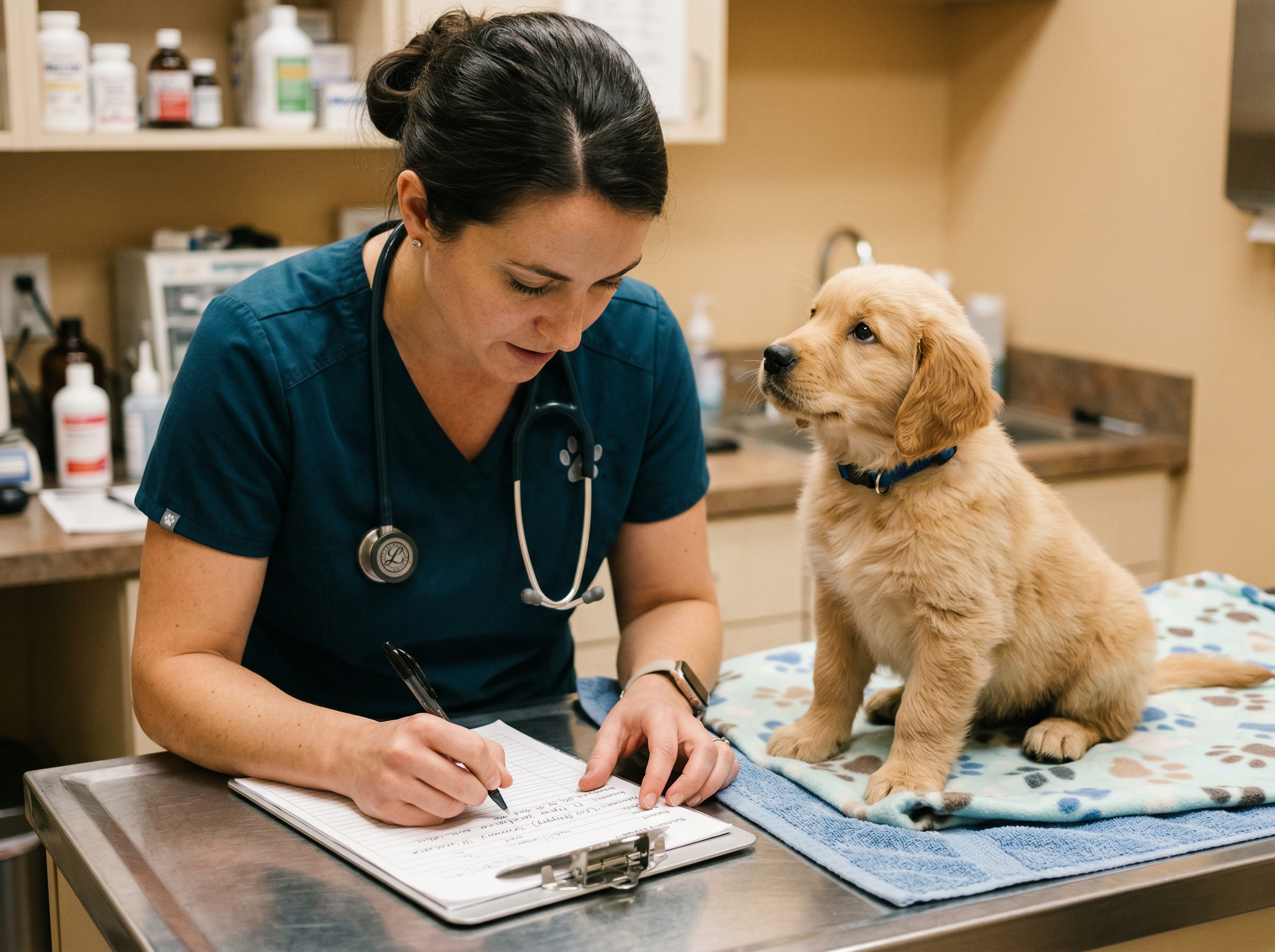 Licensed veterinarian conducting health oversight for a Premier Pups litter