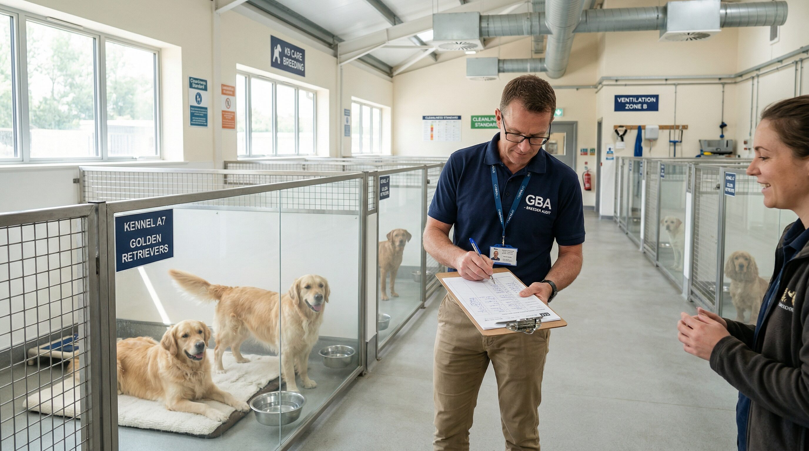 Breeder relation agent observing care practices during an on-site assessment