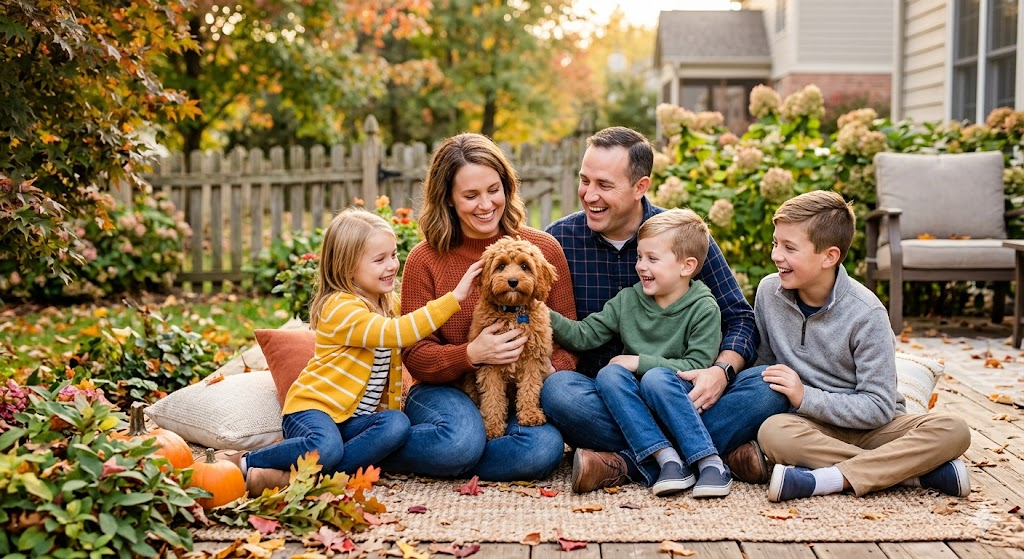 Family welcoming their new Premier Pups puppy home