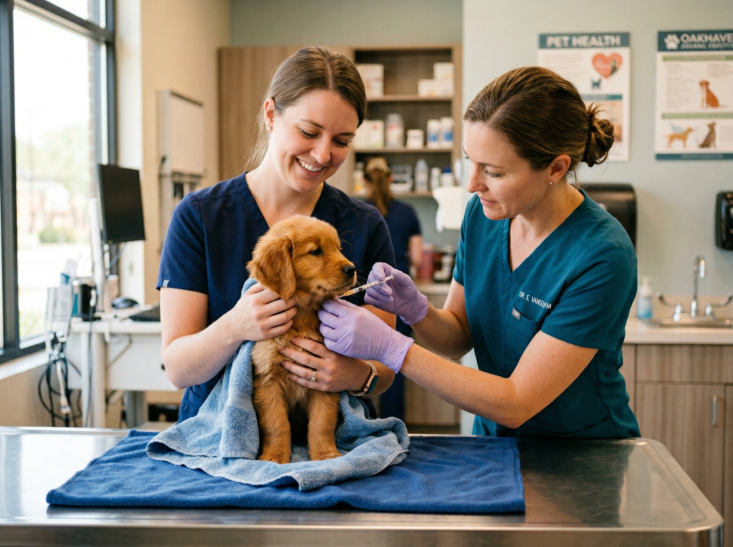 Puppy receiving first vaccination at approximately 8 weeks of age